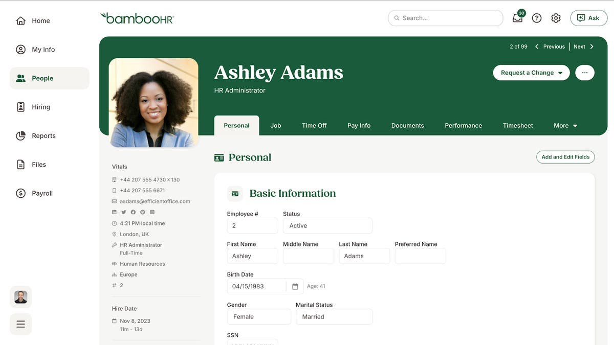 BambooHR HR suite dashboard showing applicant tracking and onboarding tools for small businesses 