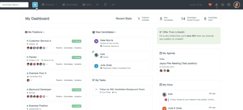 Breezy HR free ATS dashboard with Kanban candidate pipeline for small business recruitment software 