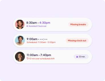 Homebase timesheet list showing three employees with alerts: assorted clock-out, missing breaks, missing clock-out, and over-scheduled shift indicators.