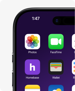 iPhone home screen with Homebase time clock app icon