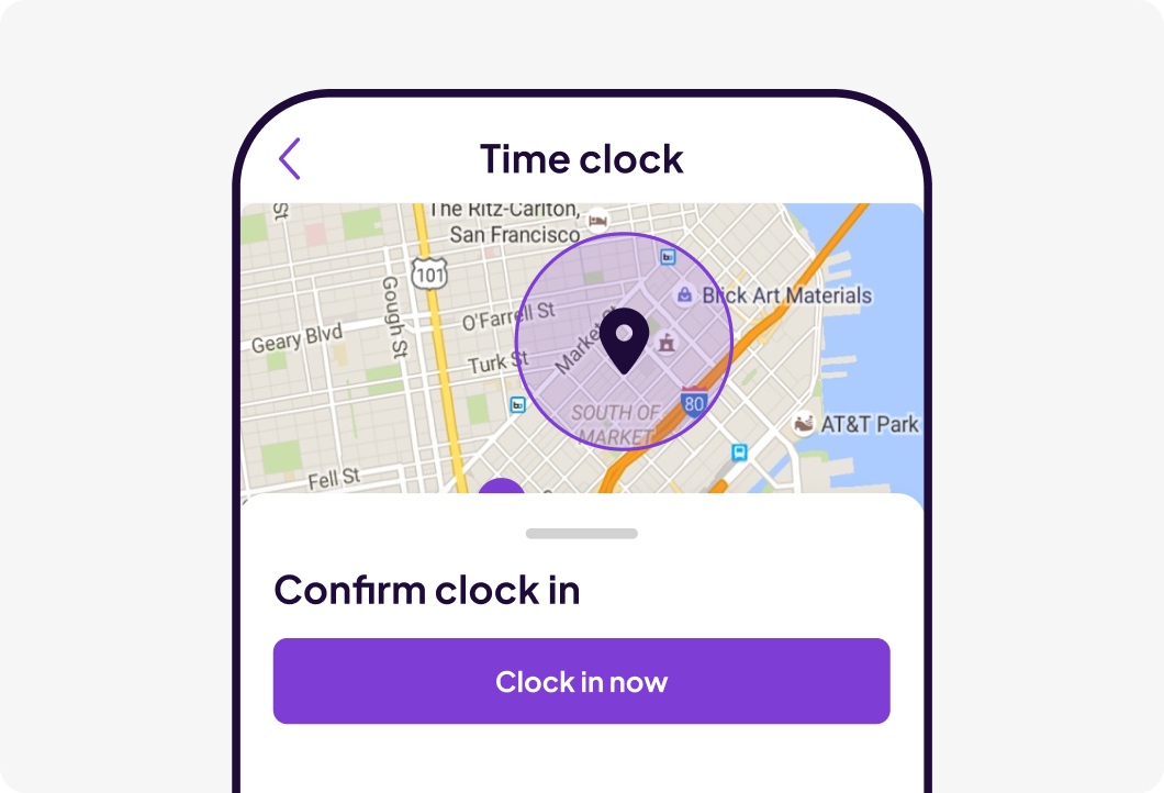 Homebase mobile time clock app interface with employee's location and confirm clock in button
