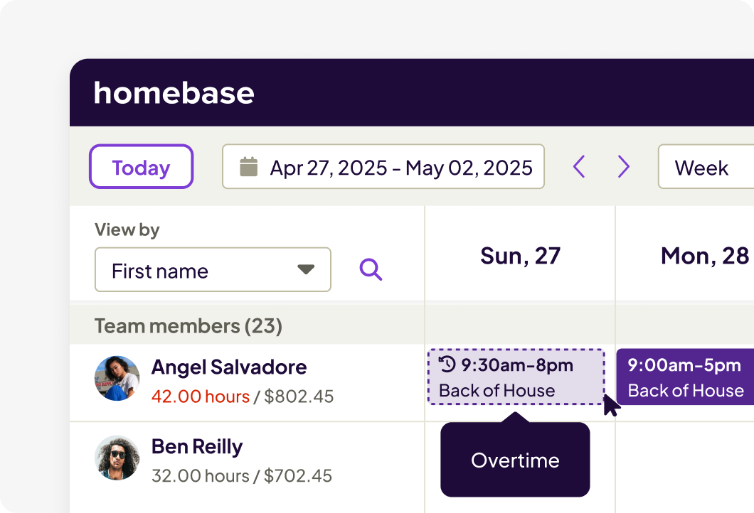 Homebase schedule builder interface with overtime alert for an employee being scheduled 42 hours in a week.