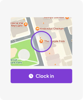 Homebase app time clock interface with employee location and button to clock in
