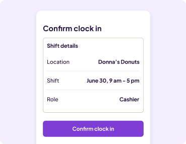 Homebase time clock clock in screen with shift details like restaurant location, time, date, and role.