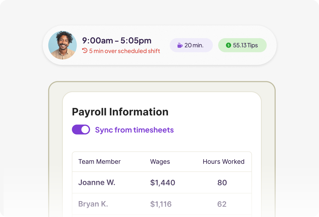 Homebase interfaces for syncing timesheets to payroll and showing a breakdown of hours, breaks, and tips earned for an employee.