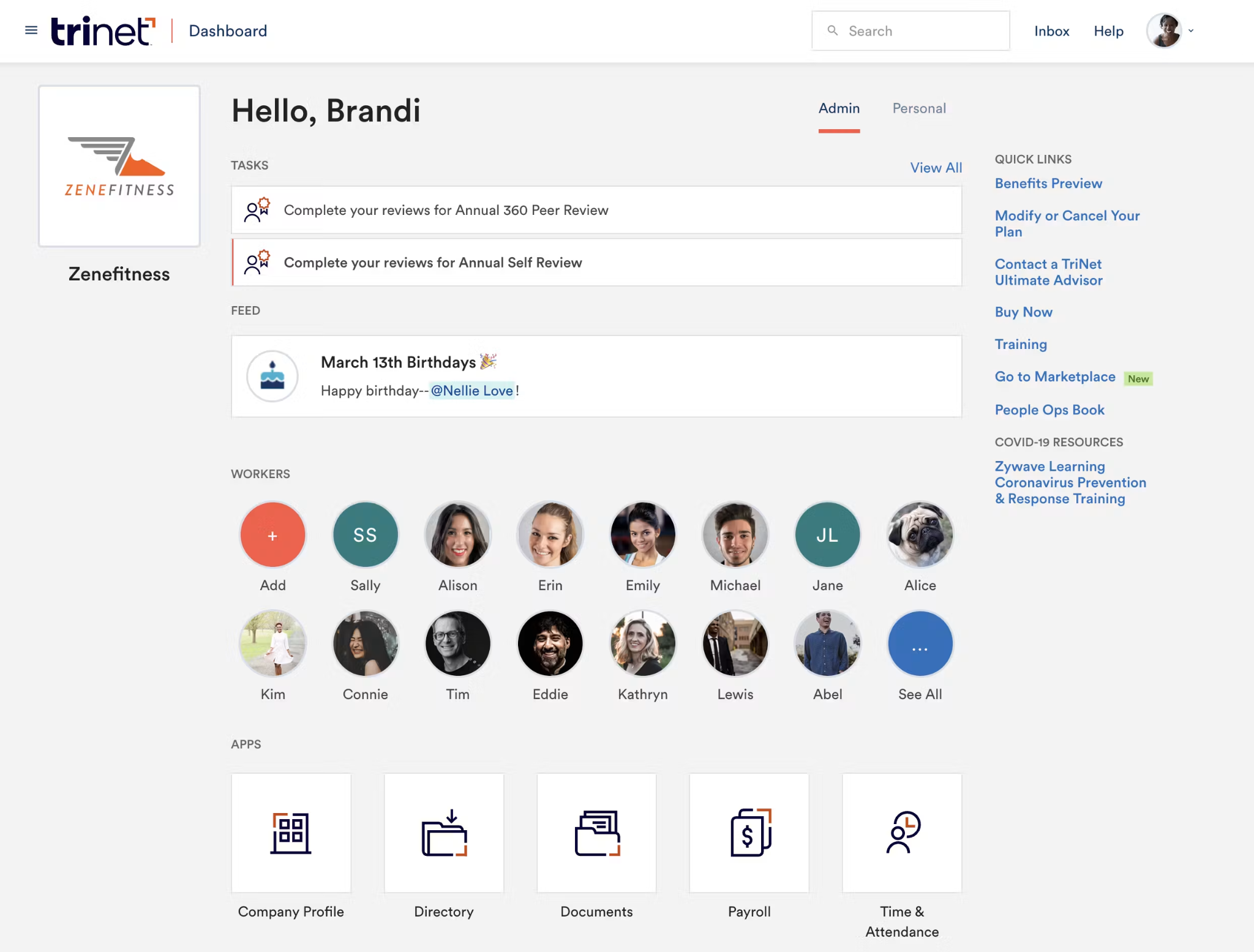 TriNet HR Plus dashboard showing HR management tools, benefits administration, and compliance monitoring