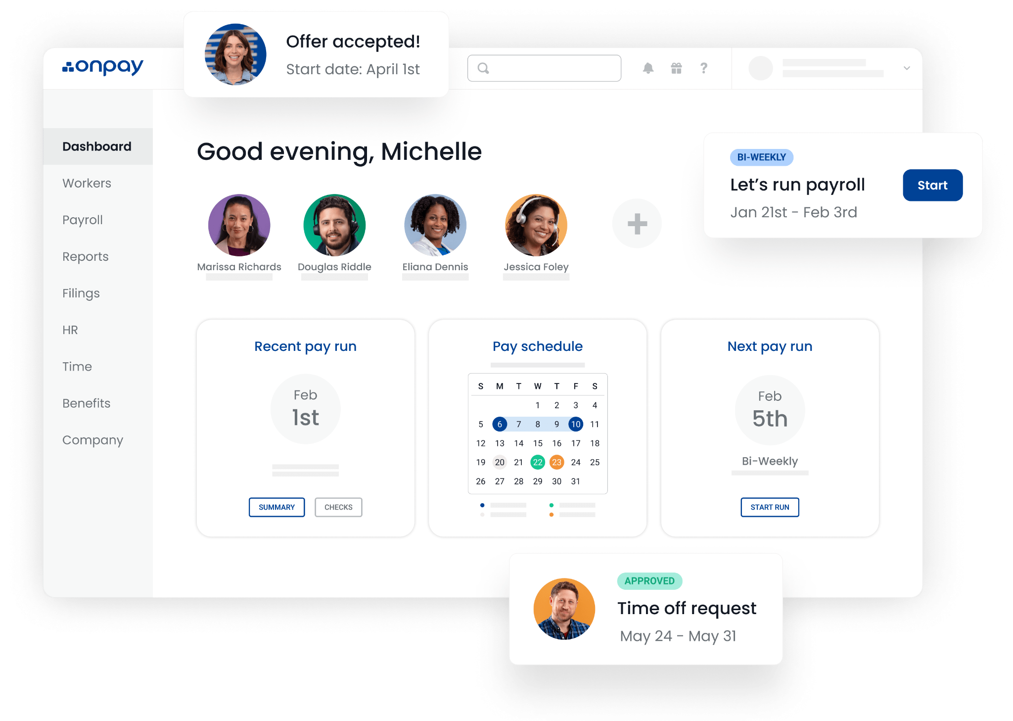 OnPay payroll dashboard showing multi-state employee pay run, tax filing, and flat-rate pricing summary