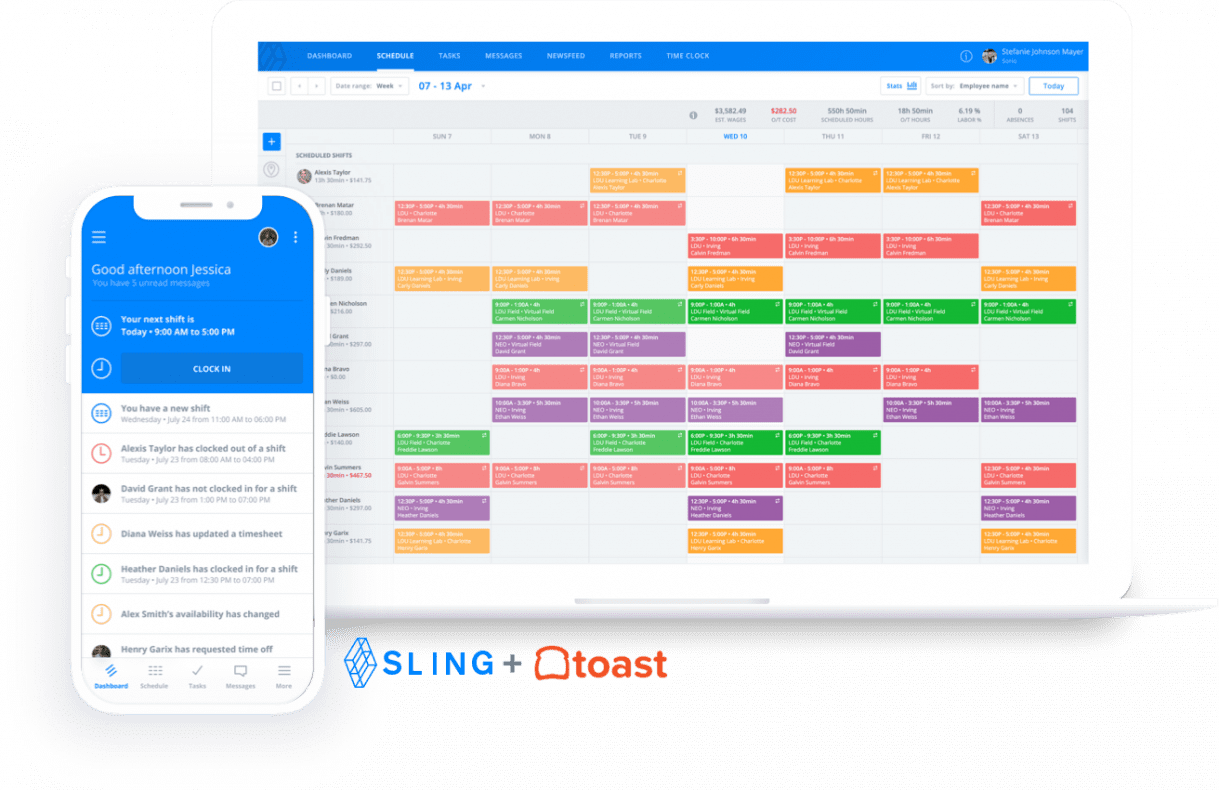 Sling by Toast free employee scheduling app showing shift calendar and team messaging for 30 users.