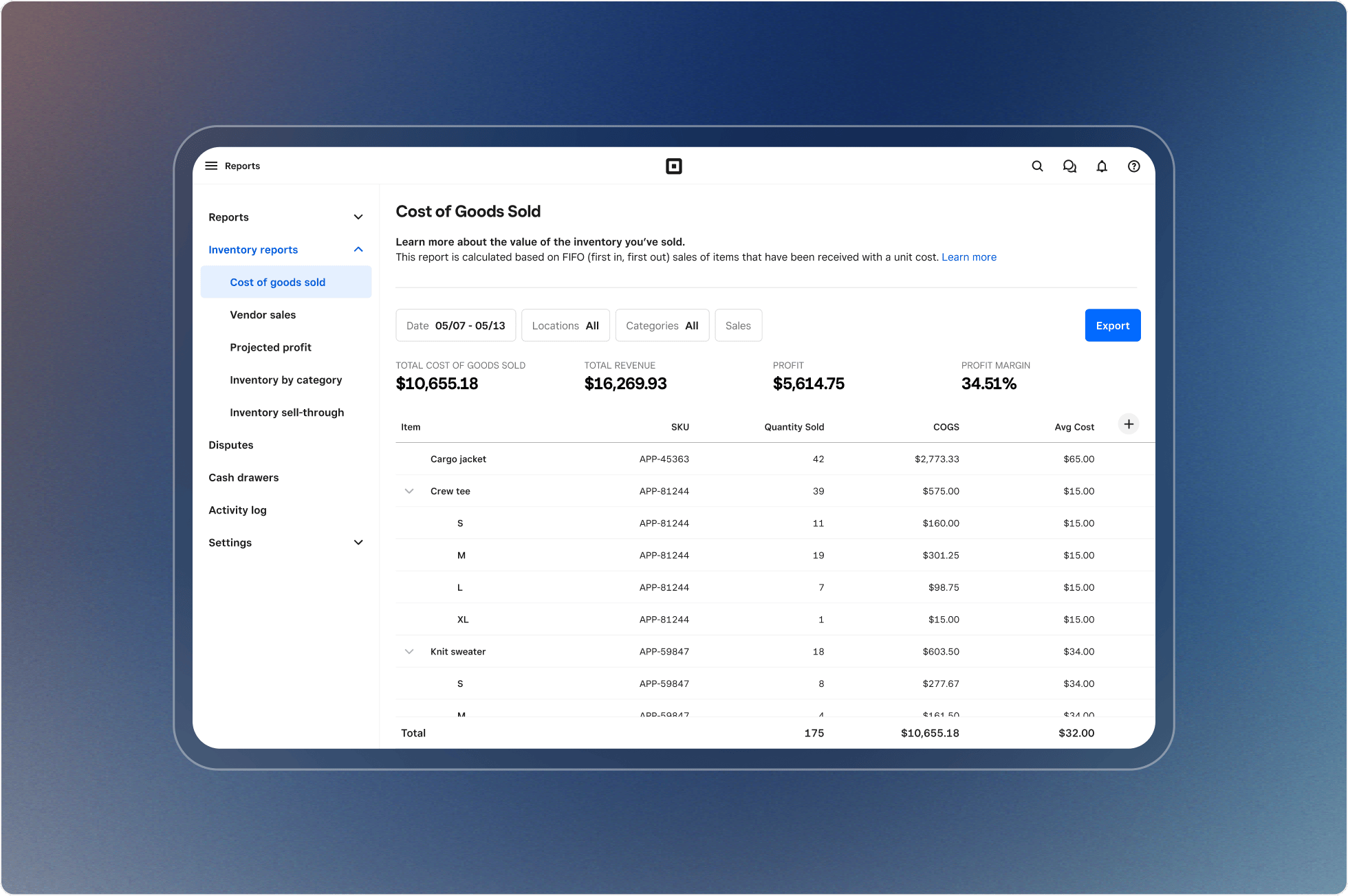 Square for Retail POS dashboard showing real-time inventory tracking and sales reporting for a small retail store