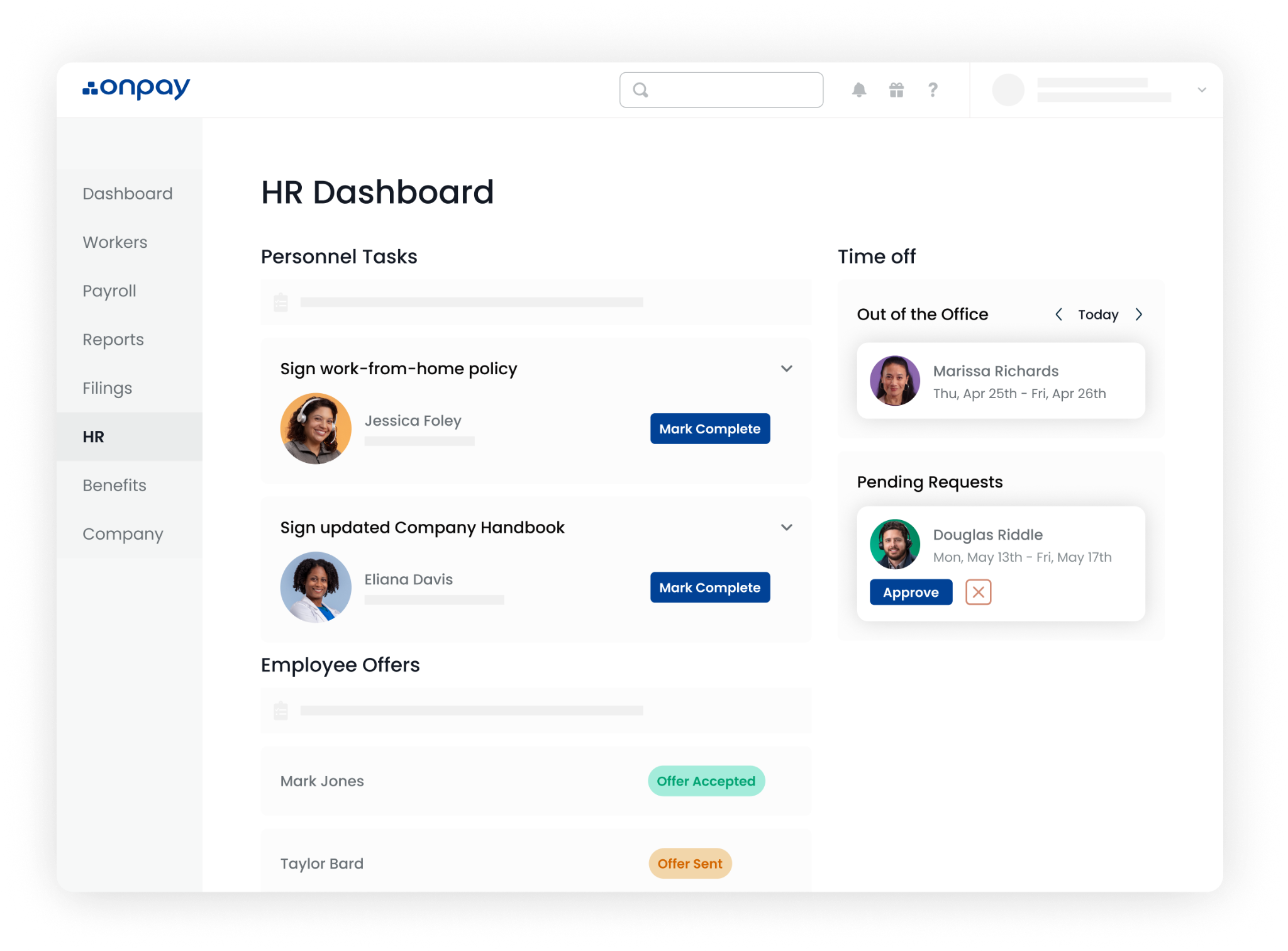 OnPay payroll dashboard personnel tasks, time off, and multi-state tax filing for small business