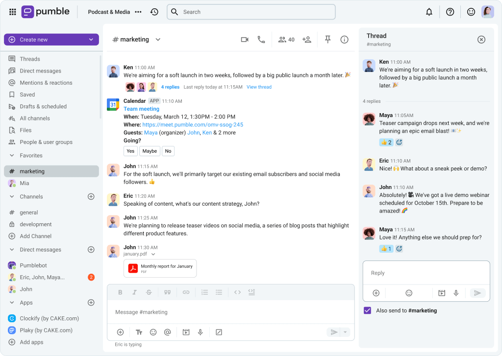 Pumble team chat app dashboard showing unlimited message history, public and private channels, and direct messages.