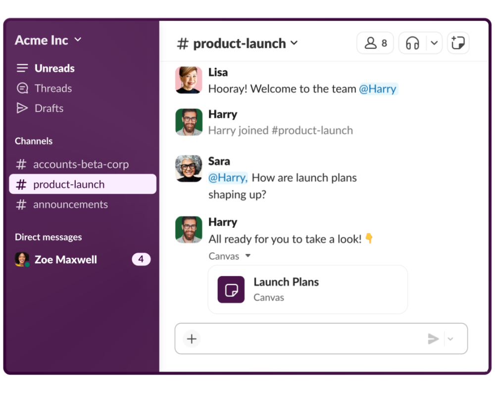 Slack team messaging app dashboard showing channel-based workspace with threads, integrations, and direct messages.