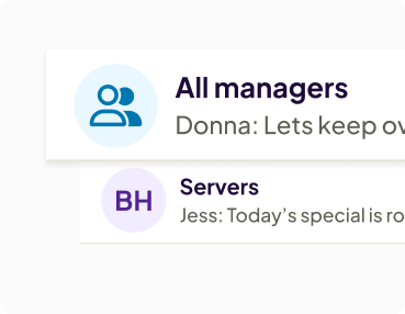 Homebase restaurant messaging app interface with two group chat modules