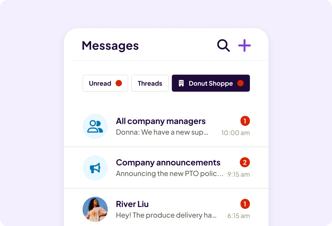Homebase messaging app interface with different restaurant departments in groups.