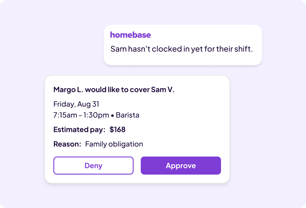 Various shift alerts and messages for approving shift swaps and late employee alert.