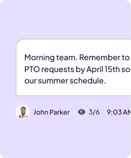 Homebase message interface with a message dialogue box, name, timestamp, and read receipt with 3 out of 6 viewed.