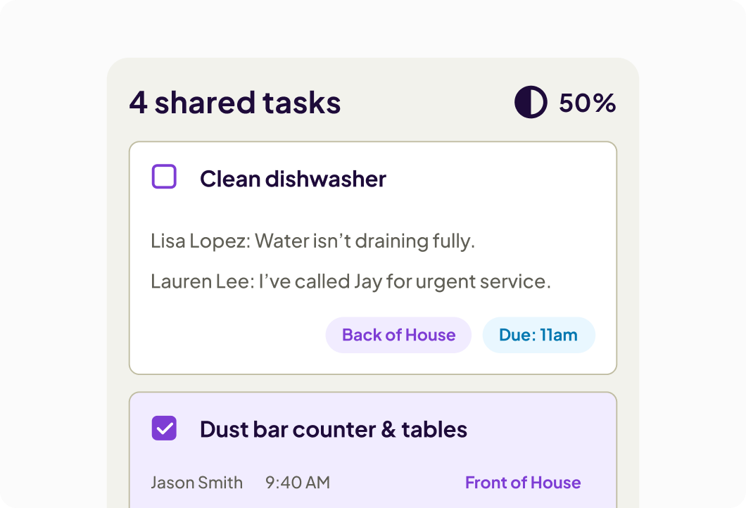 Homebase task manager interface showing task list progress and who completed each task, and when.