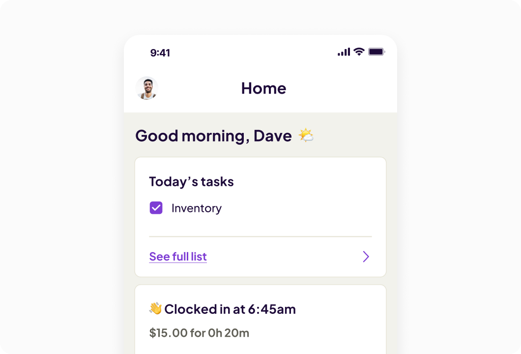 Homebase all in one app interface showing task list at clock in for employees