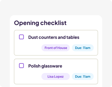Homebase task manager interface with two tasks, one assigned to a department and one to an employee, with due date and time.