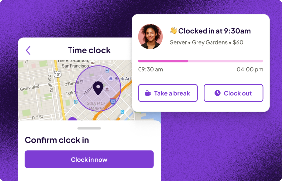 Homebase free time card app on mobile showing employee clock-in, shift schedule, and timesheet view.