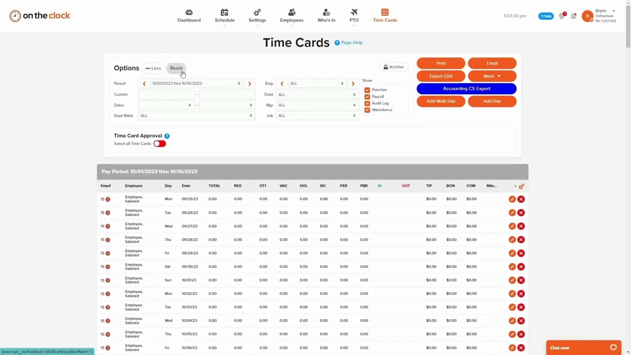 OnTheClock time card dashboard displaying employee punch-in records, hours worked, and PTO balances