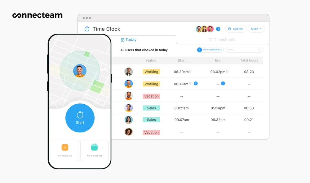 Connecteam time card dashboard showing employee clock-ins, GPS locations, and timesheet approvals.