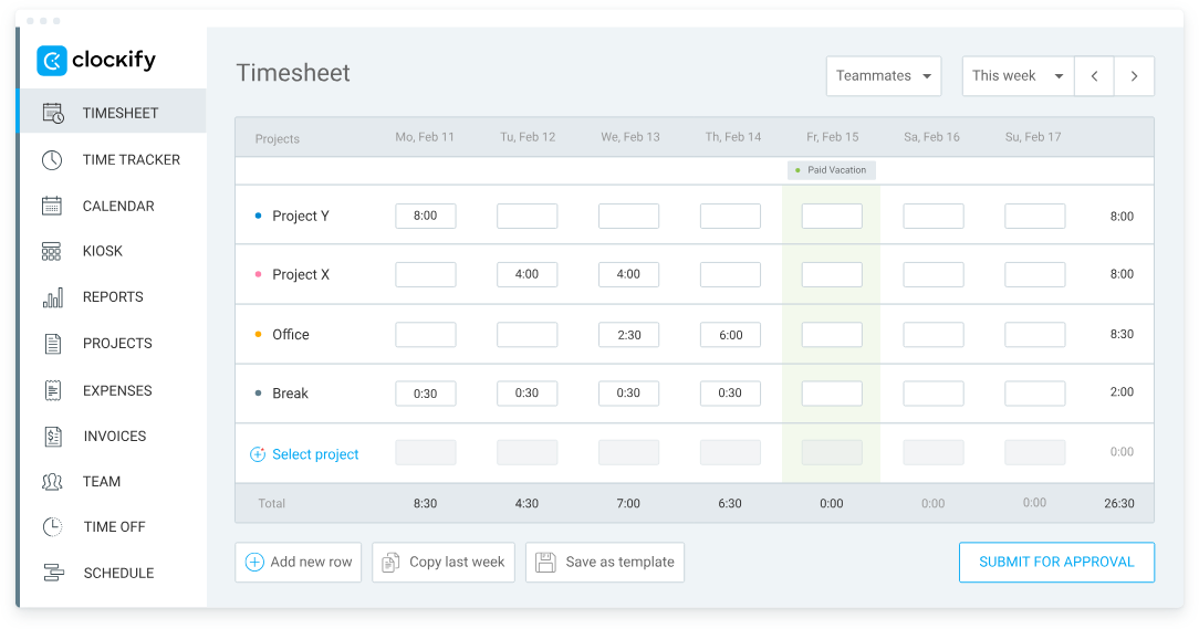 Clockify time card dashboard showing tracked hours by project and employee on the free plan.