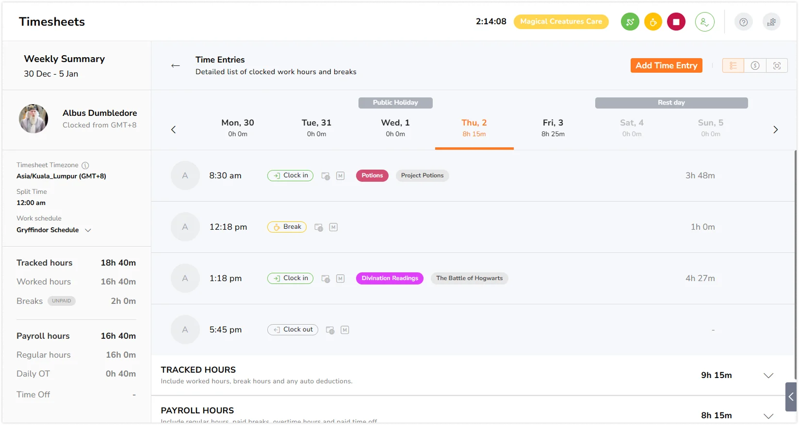 Jibble time card dashboard with GPS clock-in, employee attendance, and automated timesheet view.