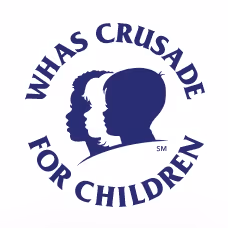 Logo of WHAS Crusade for Children featuring three children's side profiles in navy blue and white, with the organization's name encircling them.