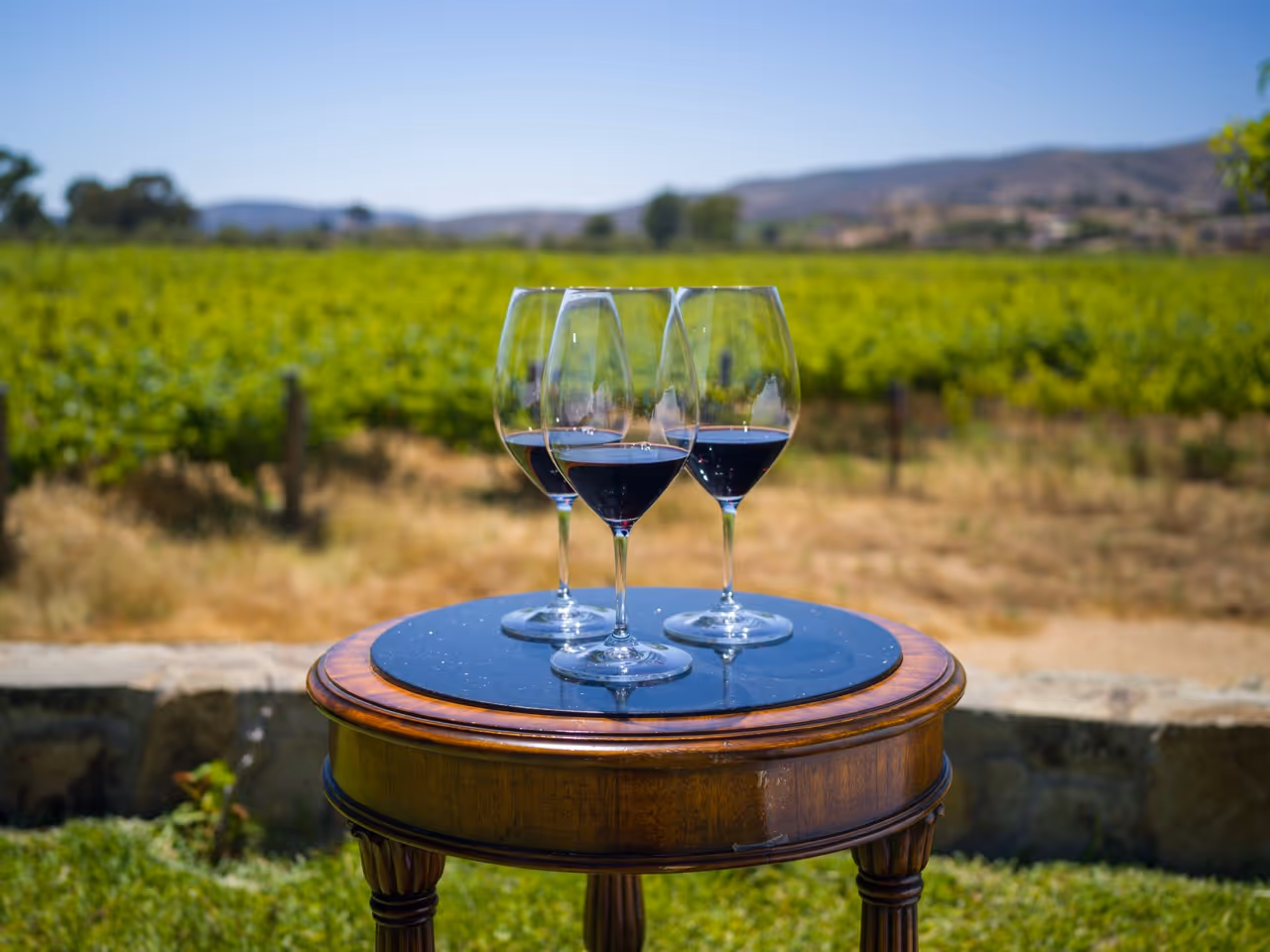 Una mesa con tres copas de vino y un viñedo de fondo. Rutas Enoturísticas de Baja California
