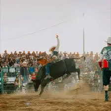 UN hombre montando un toro con mucho publico espectador en Tecate. La Ruta Vaquera, Baja California