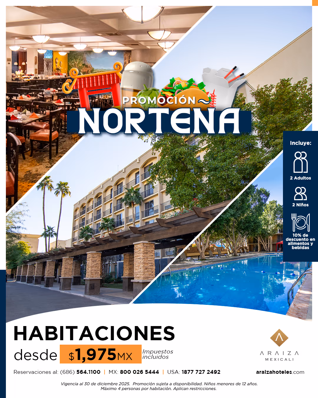 Habitaciones desde $1,975 con impuestos incluidos. Máximo 4 Personas, 2 Adultos y Niños menores de 12 años, 10% en alimentos y bebidas. Aplican restricciones. El código para hacerla válida en el sitio web es el siguiente: NORTE.