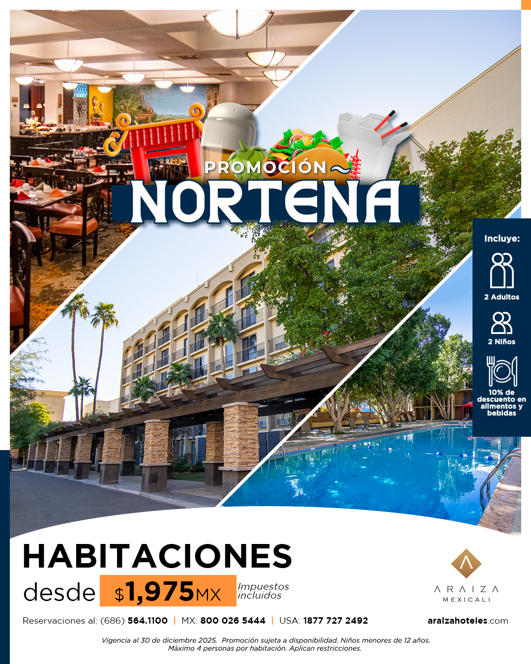 Habitaciones desde $1,975 con impuestos incluidos. Máximo 4 Personas, 2 Adultos y Niños menores de 12 años, 10% en alimentos y bebidas. Aplican restricciones. El código para hacerla válida en el sitio web es el siguiente: NORTE.