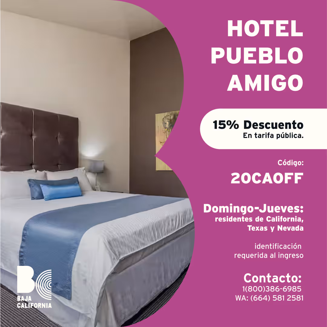 20% de descuento en tarifa pública con código: 20CAOFF, de Domingo a Jueves para residentes de California, Texas y Nevada, identificación requerida al ingreso