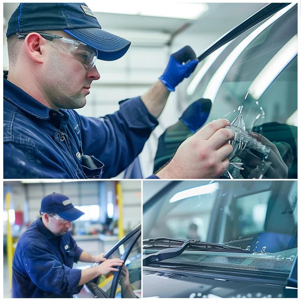 Step-by-step windshield replacement process highlighting technician expertise and quality service