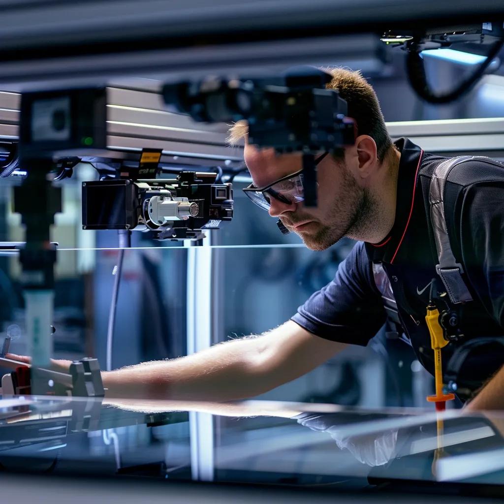 Technician performing ADAS calibration on a vehicle, showcasing advanced technology and safety measures