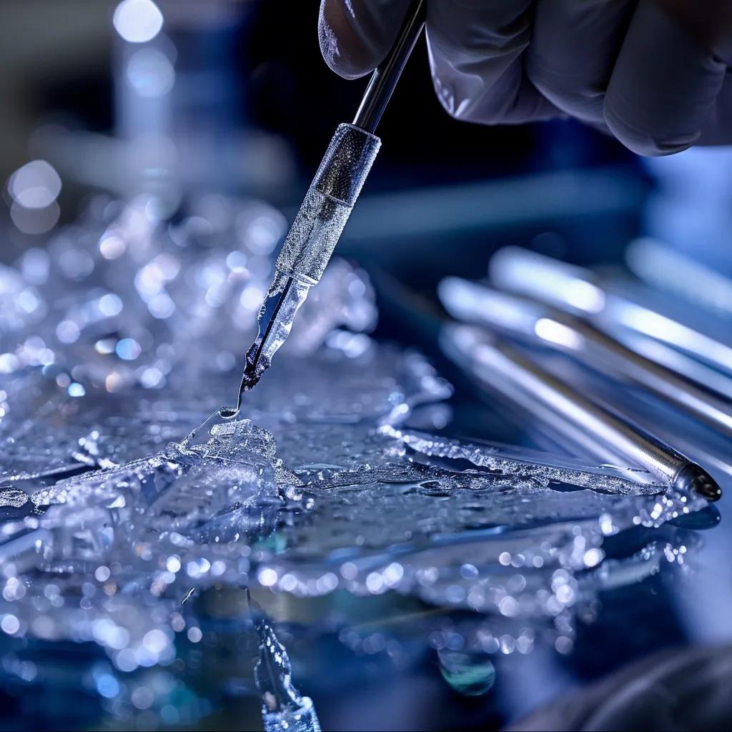 Close-up of a technician performing rock chip repair on a windshield, emphasizing the repair technique and tools used