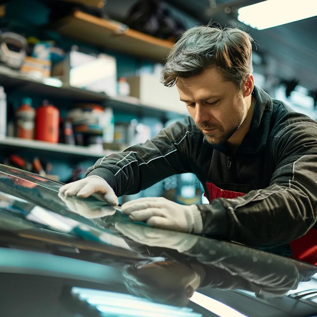 Technician replacing a windshield in a garage, emphasizing auto glass services
