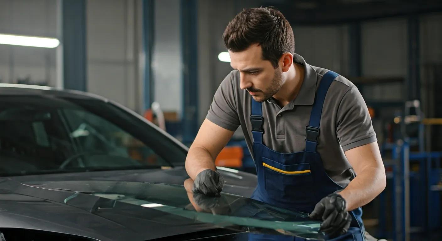 Certified technician inspecting windshield replacement tools and materials, emphasizing quality and expertise
