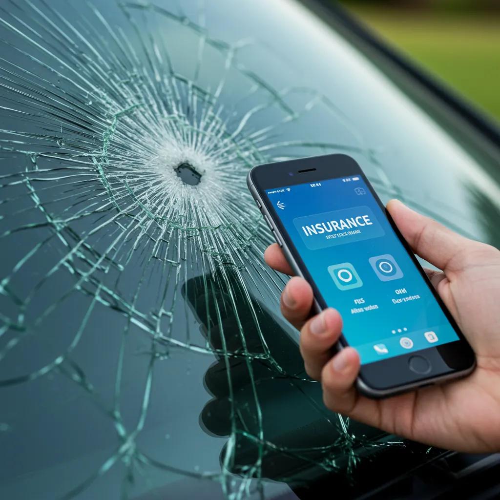 Close-up of a cracked windshield with a hand holding a smartphone displaying an insurance app, illustrating the insurance claim process