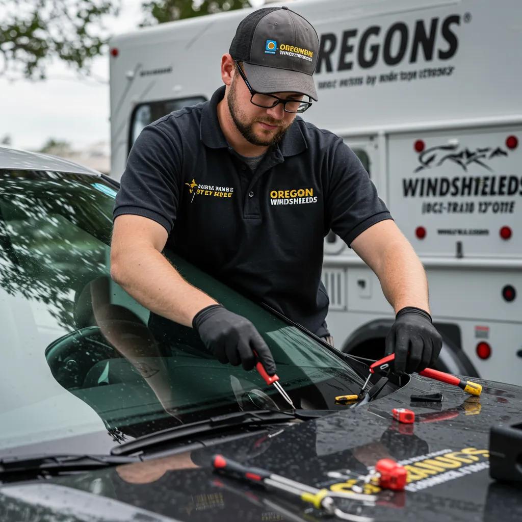 Oregon Windshields technician repairing a car's windshield in a mobile service setup, highlighting convenience and professionalism