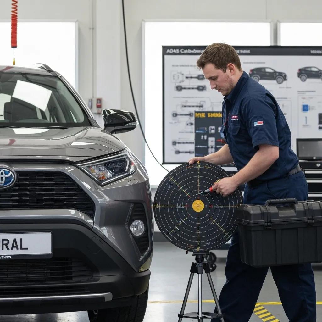 Technician performing ADAS calibration on a Toyota vehicle in a modern workshop