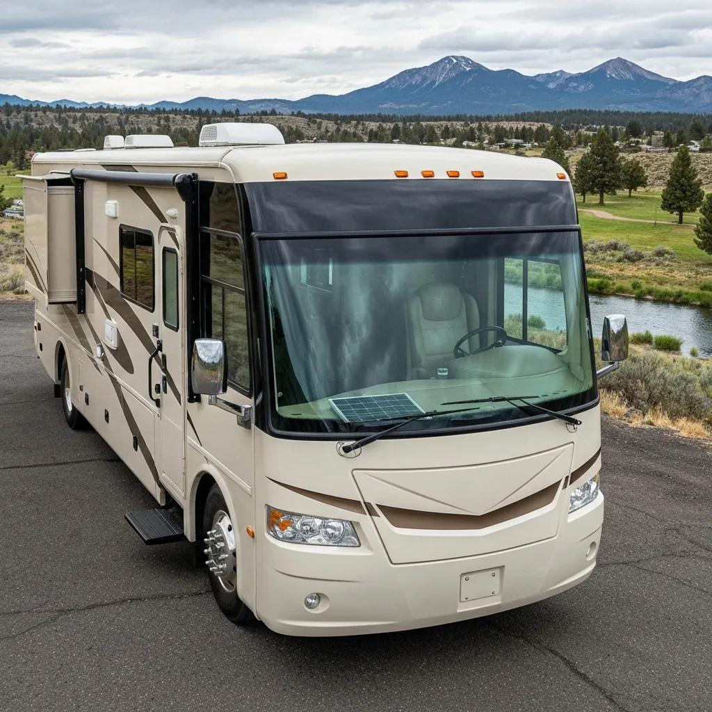 A Class A motorhome proudly displaying its newly installed windshield, a testament to our expert RV glass replacement services