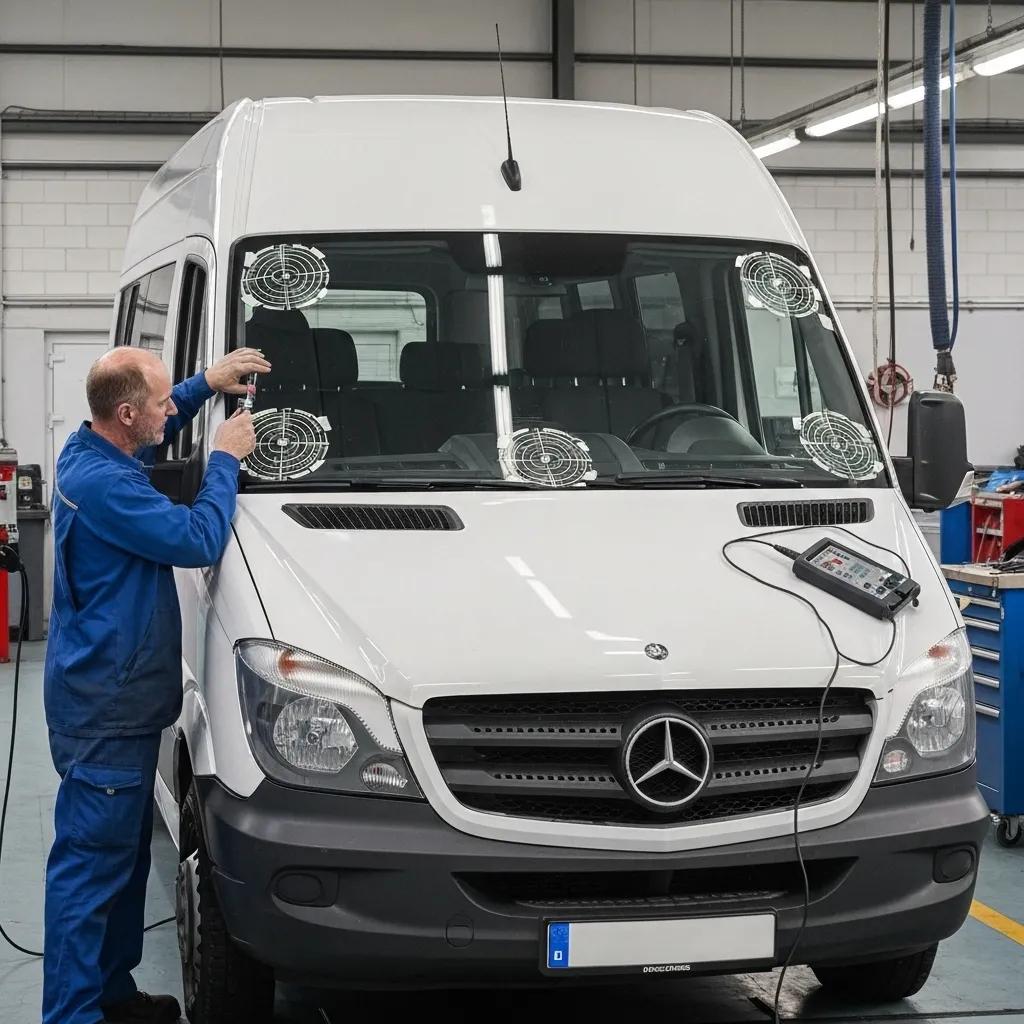 A skilled technician meticulously performing ADAS calibration on a Sprinter van windshield, highlighting our advanced glass services