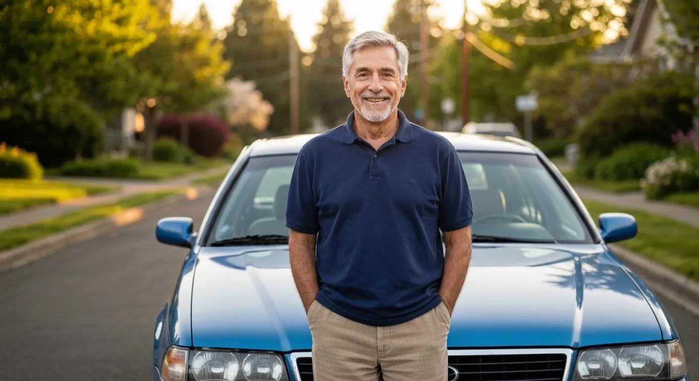 happy older man, standing in front of his car on a residential street in Spokane, Washington