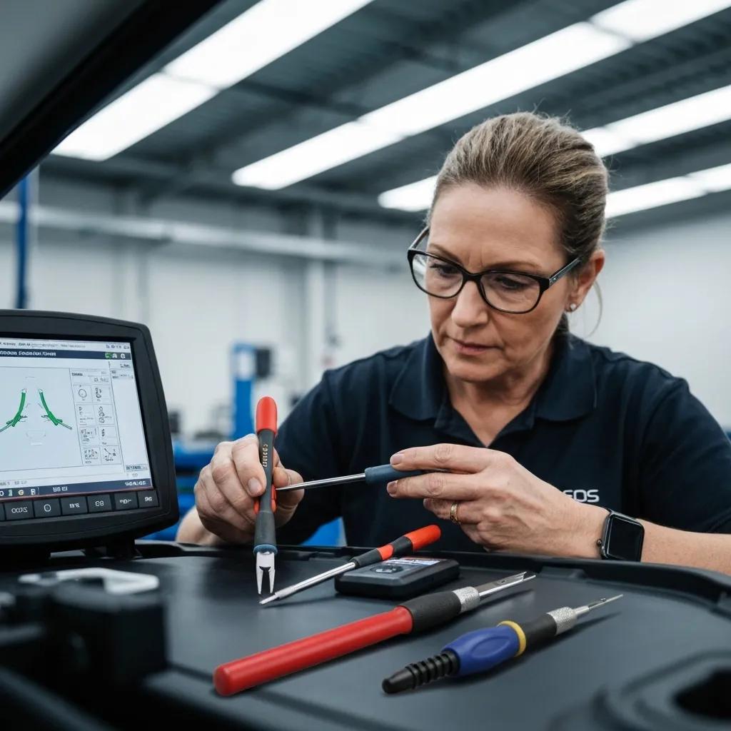 Technician calibrating ADAS sensors in a professional workshop