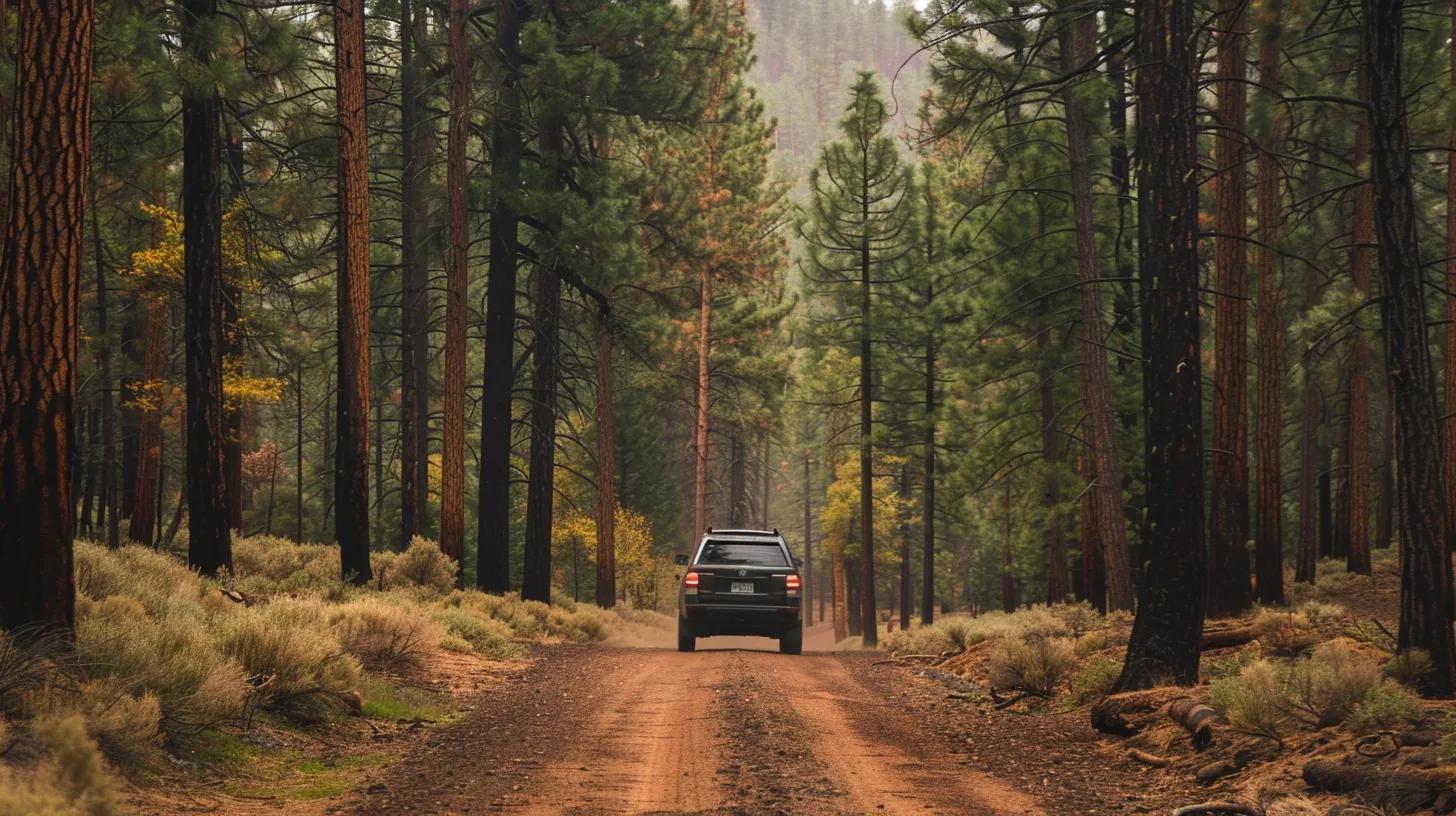 luxury SUV driving through Ponderosa pine forest of Central )regon, beautiful marketing shot