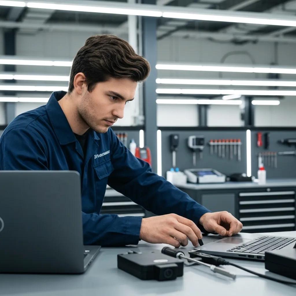 Technician calibrating ADAS sensors after windshield replacement in a modern auto shop