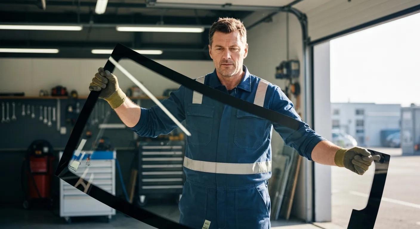 Auto glass technician holding a windshield