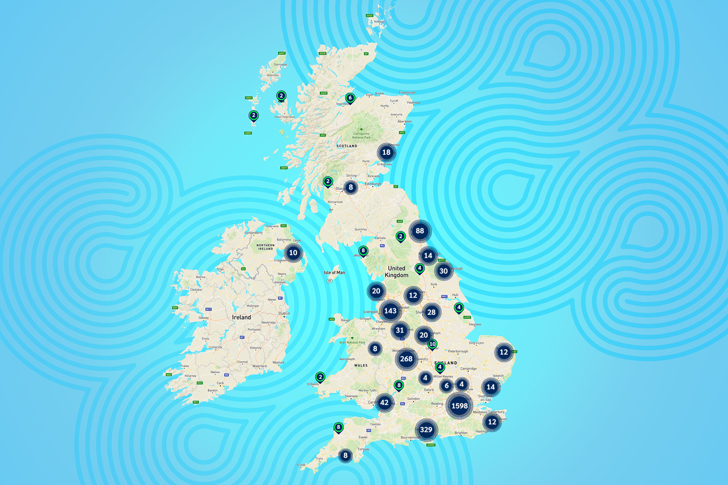 Map of the UK showing Zest charging locations